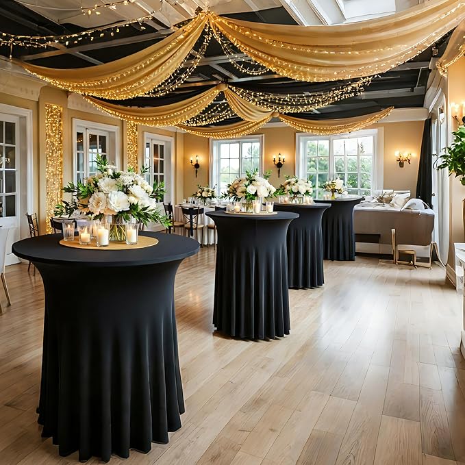 2 pk Black Cocktail Table Cloth Round 36×43in-High Top Highboy Bar Cocktail Tablecloths-Wrinkle Free Stretchy Fitted Spandex Table Covers with Ruffle Desk Skirt for Wedding Banquet Party Tables