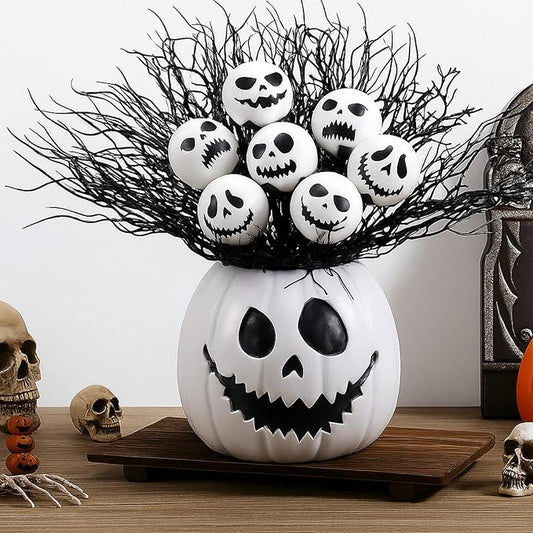 Wiwiqing Halloween Table Centerpieces Decor Resin Pumpkin Vase with Artificial Ghost Skull Face Balls Branch Flower Soil, Retro DIY Spooky Pumpkin Vase for Home Kitchen Indoor Decoration(Scary Face)