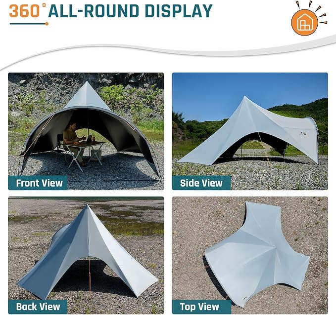 Blackout Camping Canopy Waterproof Tent Tarp with Poles Sun Shade Shelter for Outdoor Camping Backyard Picnic, Included Guy Lines & Luminous Tent Stakes, Gray
