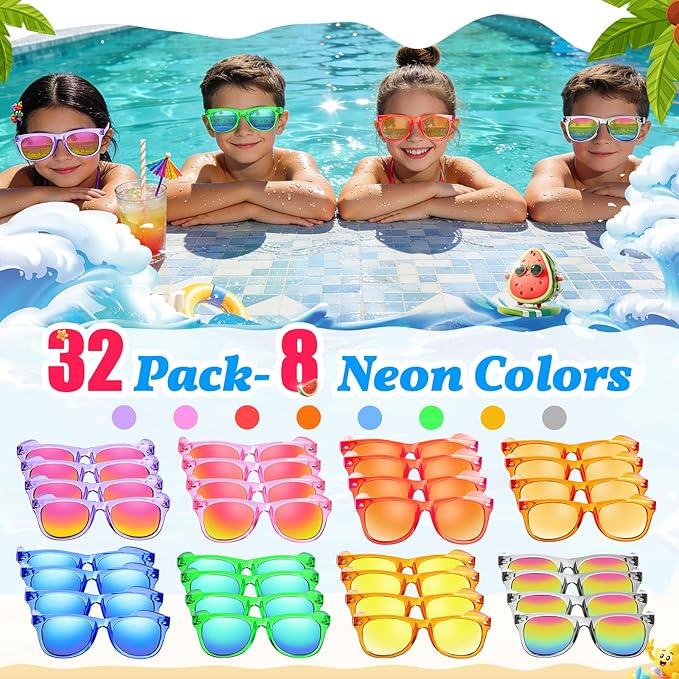 32 Pack Kids Sunglasses Bluk Party Favors - Goodie Bags Stuffers for Children Age 3-8,Boy Girl Neon Glasses with UV400 Protection,Birthday Classroom Graduation Gift,Pool Beach Party Supplies - nylytek