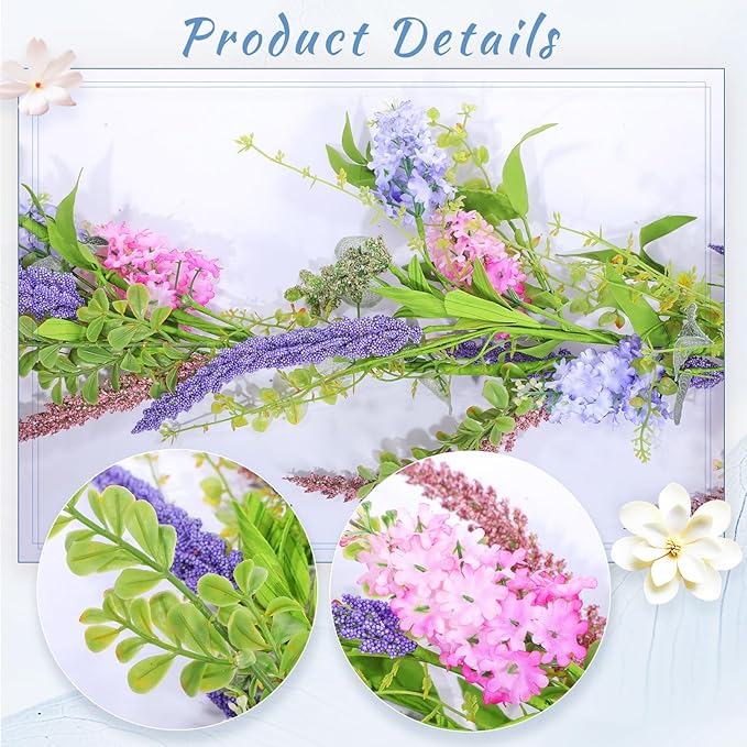 Giegxin 1 Pcs 6 ft Artificial Flower Garland with Lilac and Lavender Purple Pink Flower Fake Wisteria Vines Summer Greenery Eucalyptus Garland for Wedding Mantle Porch Stair Table Indoor Decor