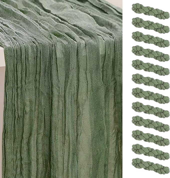 12 Pack Sage Green Cheesecloth Table Runner 35x120 Inch 10Ft Rustic Gauze Cheese Cloth Table Runner Sheer Cheesecloth Table Runners for Wedding Party Bridal Shower Decoration