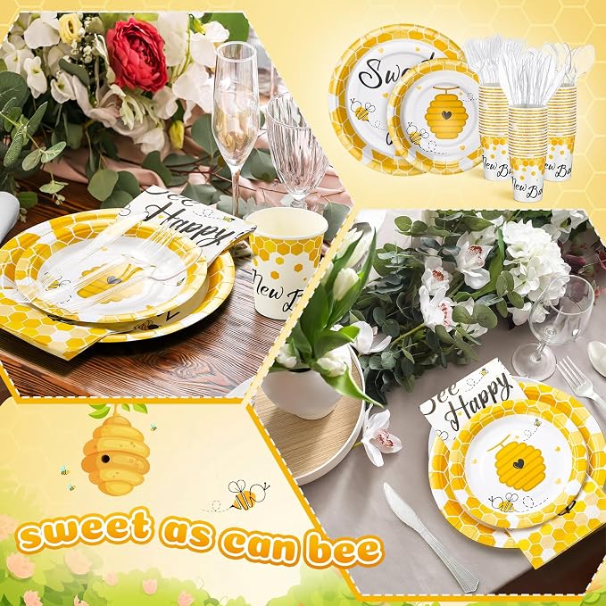 FillTouch 350 Pcs Bee Party Tableware for 50 Guests Baby Shower Bee Paper Plates Disposable Napkins Cups Plastic Knives Fork Spoon for Birthday Wedding