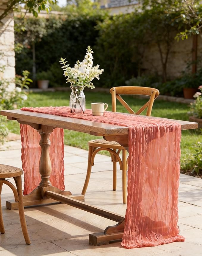 Coral Cheesecloth Table Runner 21x120 Inch Gauze Table Runners Reusable Polyester 10ft Boho Rustic Cheese Cloth Table Runner for Wedding Party Baby Shower Birthday