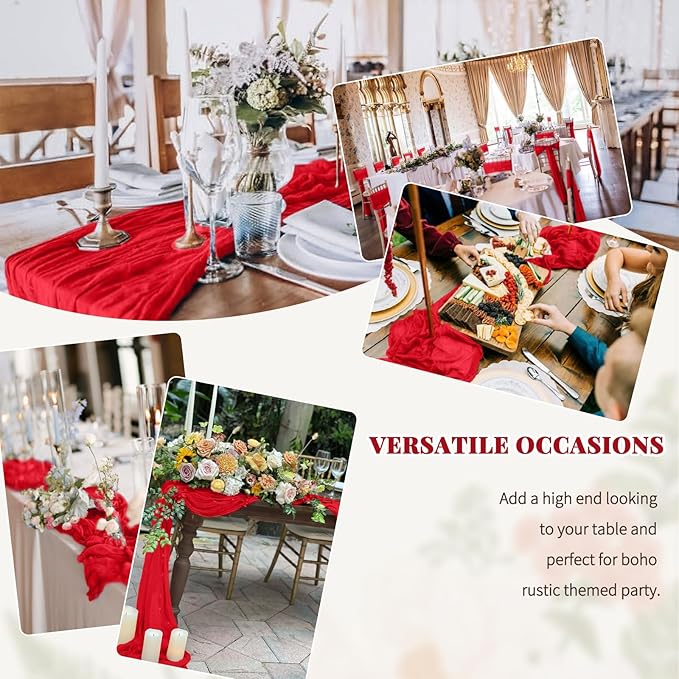 24 Pack Cheesecloth Table Runner,Red Table Runner Long Romantic Semi Sheer Rustic Boho Gauze Table Runners for Wedding Bridal Shower Birthday Party Decorations(17.7×108 Inch)