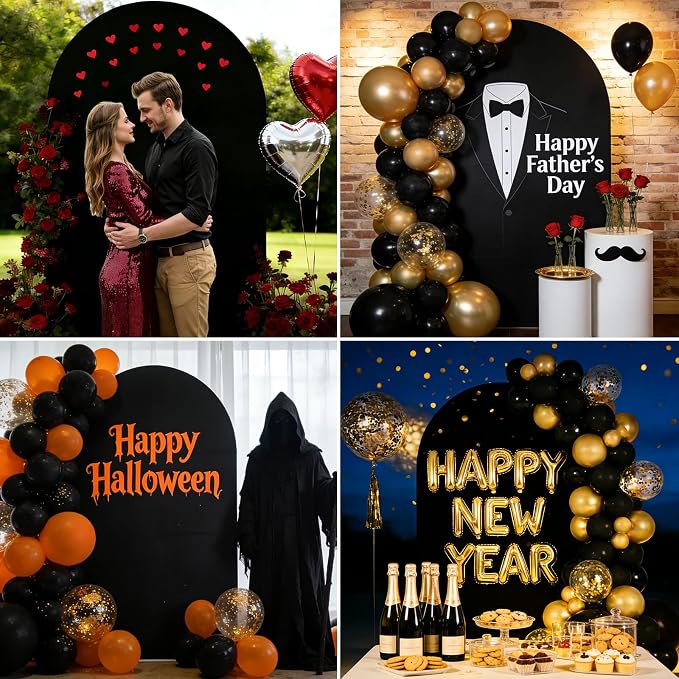 Metal Arch Backdrop Stand and Cover Set, 7.2FT Gold Wedding Backdrop Arch Frame Stand with Cover, Balloon Arch Stand with Black Arch Cover for Party Birthday Baby Shower Graduation Decorations