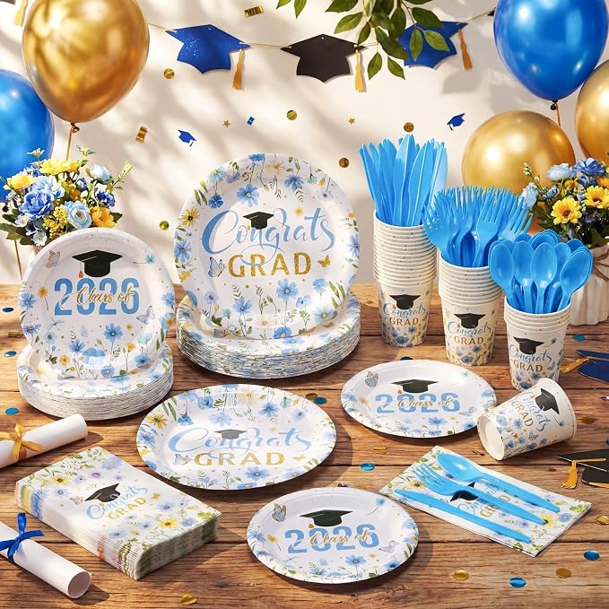 400 Pcs Class of 2026 Light Blue Graduation Decoration Floral for 50 Guests, Flower Blue Gold Graduation Paper Plates Napkins Cups Cutlery Grad Tableware for 2026 Congrats Grad Party Supply