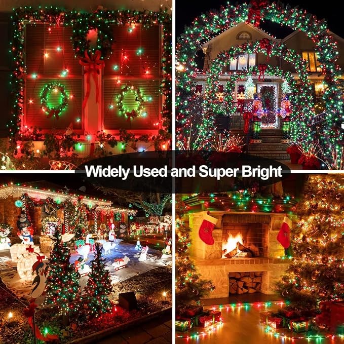QITONG 4 Pack Solar Fairy Lights, Each 33ft 100 LED Red and Green Christmas String Light Outdoor Waterproof, 8 Modes Silver Wire Twinkle Mini Lights