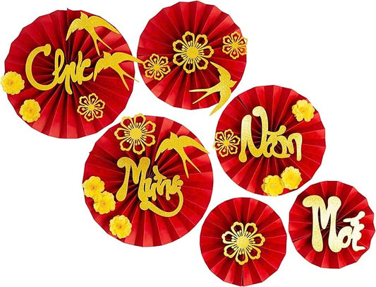Vietnamese Red Paper Fans with Gold Calligraphy, 6 Pieces, Lunar New Year Wall Decorations/Vietnamese Lunar New Year Decoration/Set Quat Trang Tri TET Chuc Mung NAM Moi