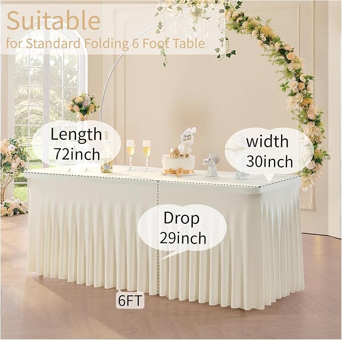 Outpain 6ft Spandex Table Cloth for Standard Folding Tables-6Pack Ivory Table Cloth Table Protector for Party, Wedding, Cocktail, Banquet, Festival