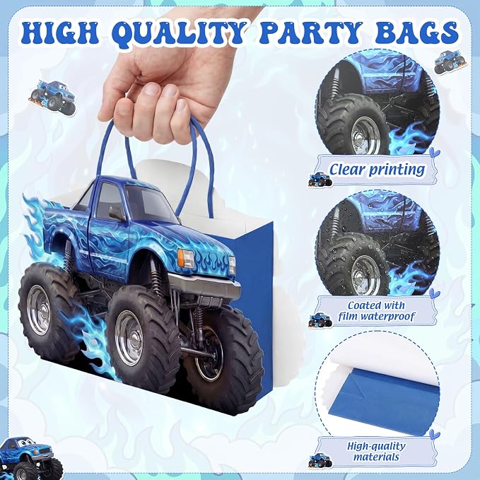 Tosstuki 12 Pcs Monster Truck Party Favor Bags 3D Paper Goodie Treat Bags with Handles 4 Vibrant Designs Kraft Paper Candy Decorations for Monster Truck Themed Party Decorations & Supplies