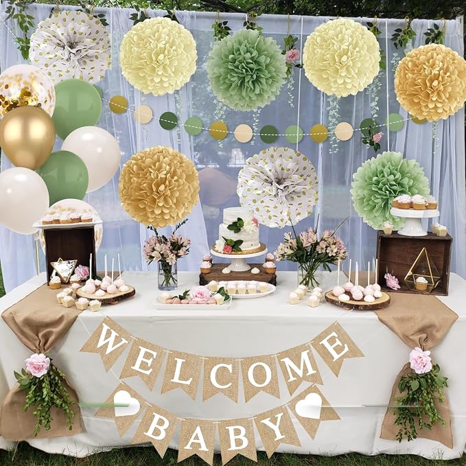 Sage Green Baby Shower Decorations Olive Green Balloon Garland Kit Welcome Baby Banner Balloons Pom Poms Flowers Tassels Circle Dots Star Garland for Gender Neutral Baby Shower Supplies