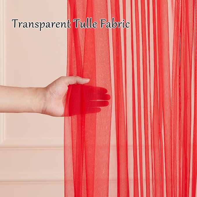 20x10ft Red Tulle Backdrop Curtain with Lights String for Parites, Sheer Backdrop Curtains for Wedding Baby Shower Birthday Party Photo Shoot Decorations