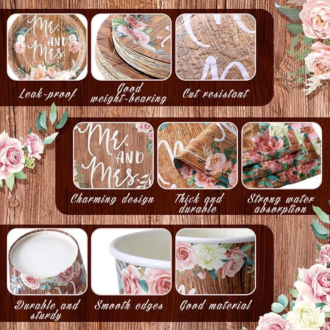 Zhehao 250 Pcs Rustic Bridal Shower Paper Plates Napkins Set Mr and Mrs Party Tableware 50 Pcs 9'' Dinner Plates and 7'' Dessert Plate 9 Oz Cup 100 Napkin Serves 50 for Engagement Wedding Decoration