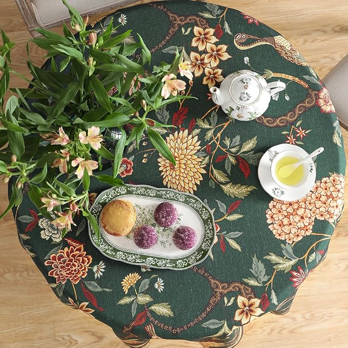 ISAENNE Designer Linen Green Round Tablecloth,Diameter 67"-Mitchell | Vintage Elegant Table Cloth for Round Table,Floral and Bird Pattern,Heavyweight,Dining Room,Kitchen,Thanksgiving,Decor