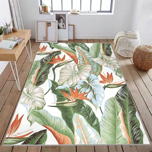 Ultra-Thin Banana Leaf 4x6 Washable Rug, Tropical Palm Tree Leaf Jungle Non Slip Area Rug 4' x 6' for Living Dinning Room Bedroom Kitchen Hallway Office Modern Home Decorative