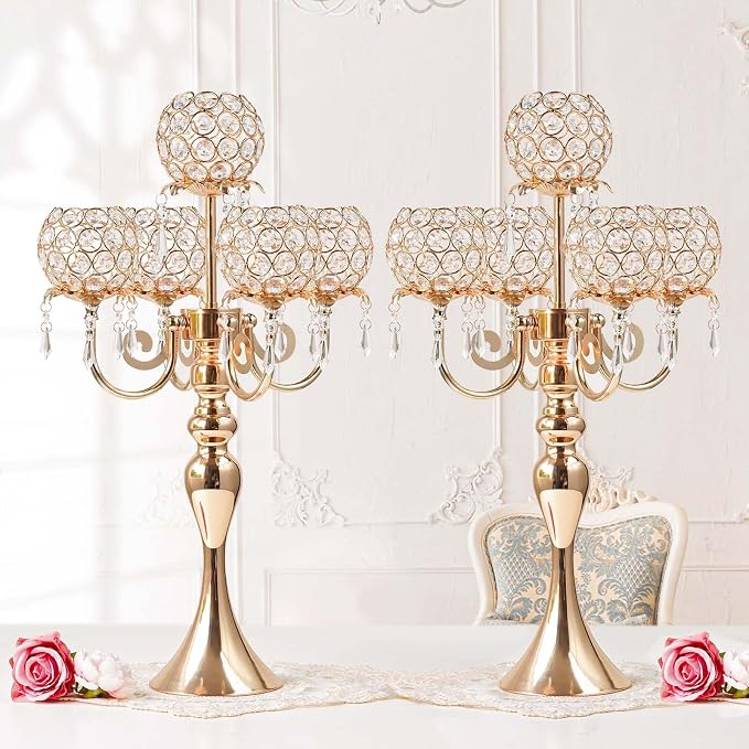 2Pcs Elegant 5-Arm Tea Light Crystal Candle Holder with Pendant Chain & Round Crystal Bowl - 22.5 Inch Tall Gold Wedding Table Centerpiece for Holiday Events, Parties & Home Decor
