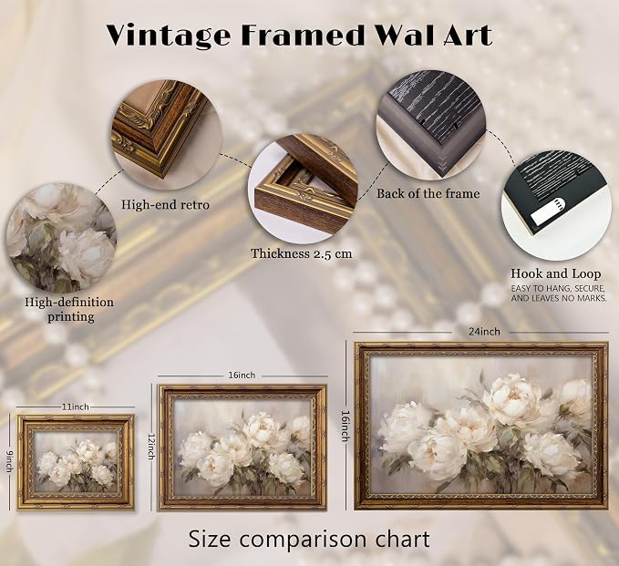 Vintage Gold Framed Vintage Flower Wall Art Retro White Floral Wall Decor Retro Peony Artwork Picture for Home Living Bedroom Farmhouse Hallway