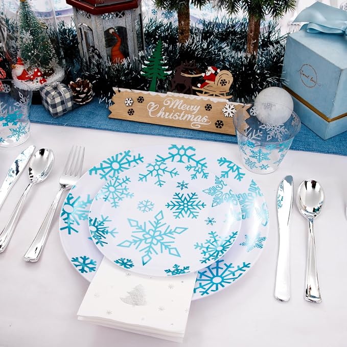 WDF 175Pcs Christmas Plates and Napkins Disposable Dinnerware Set for 25 Guests, White Blue Plates with Silverware, White Snowflake Cups and Festive Holiday Napkins Perfect for Christmas Winter