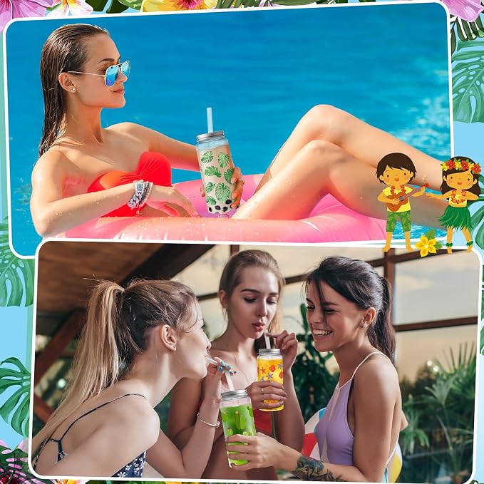 Skylety 30 Pcs Hawaiian Luau Cups 13. 5 oz Summer Tropical Plastic Cups with Lids and Straws Reusable Cute Plastic Tumbler for Hawaii Beach Sea Summer Birthday Party Drinkware Supplies