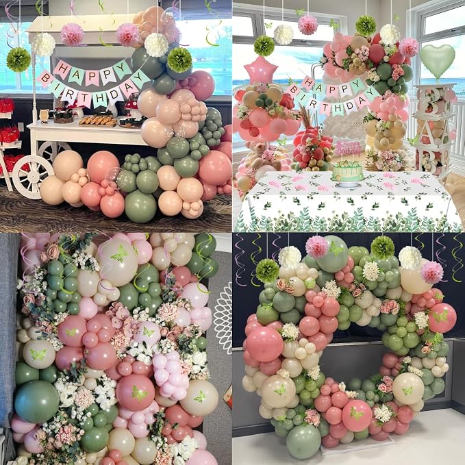 Pink and Sage Green Birthday Party Decorations with Happy Birthday Banner, Balloons, Sash, Crown, Butterfly, Hanging Swirls, Tablecloth, Fringe Curtain, Pompoms for Women Girls Princess Party Supplies