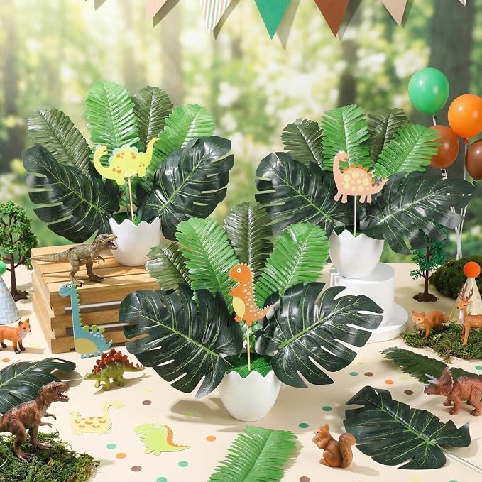 Suncalla 6 Set Dinosaur Party Table Centerpiece Decoration Dinosaur Themed Stick Set Include Vase Stick Artificial Leaves Jungle Animal Theme Table Topper for Baby Shower Birthday(Eggshell,Plastic)