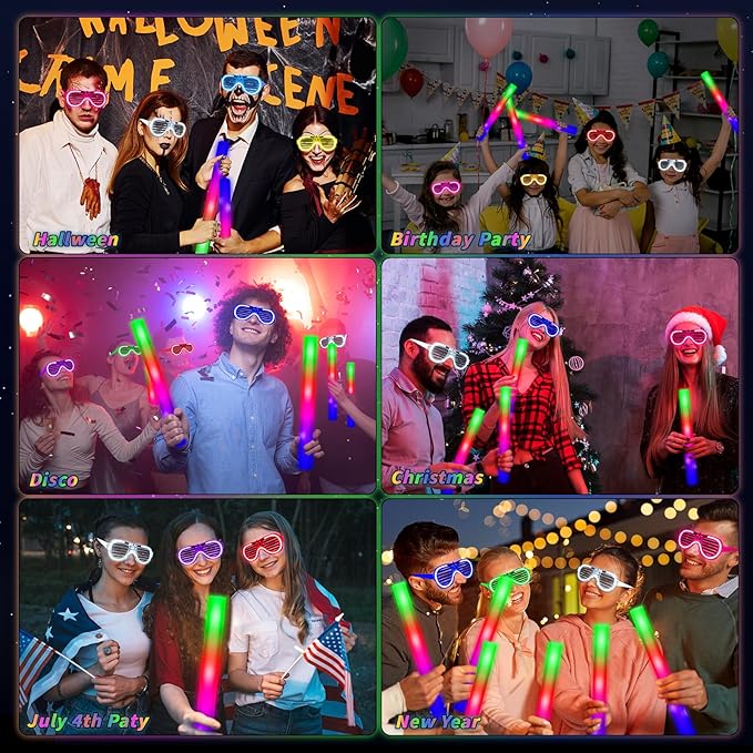 Oleitodh Glow in the Dark Party Supplies Set Bulk Neon Party Favor Toys Includes 30 Led Light up Glasses 10 Color 30 Light up Foam Sticks Bulk for Disco Wedding Birthday Concert Halloween Raves Party