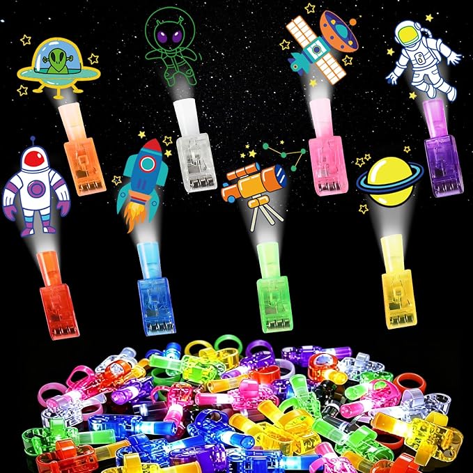 GOLDGE 48 LED Finger Lights-Space themed Party Favors, Glow in the Dark Light Up Flashlights Toys for Kids, Space Birthday decorations, Classroom Prizes, Party Goodie Bags Fillers, Family Fun