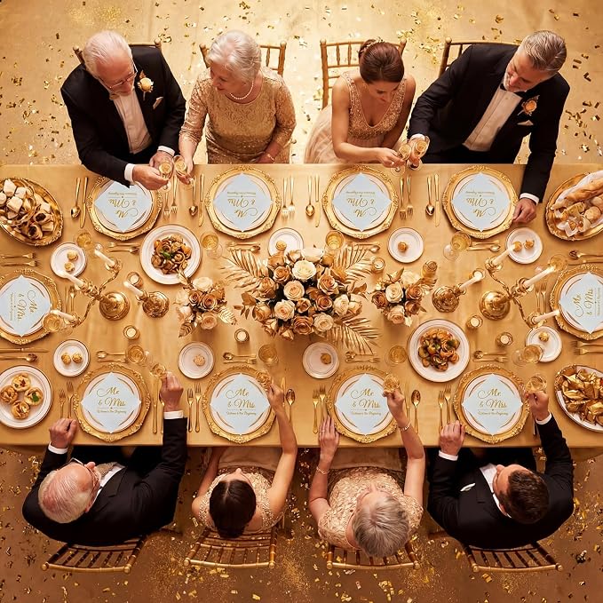 200 Pack Linen Feel Mr and Mrs Wedding Cocktail Napkins Disposable White and Gold Guest Linen Napkins for Wedding Party Reception Dessert Cake Table Decorations