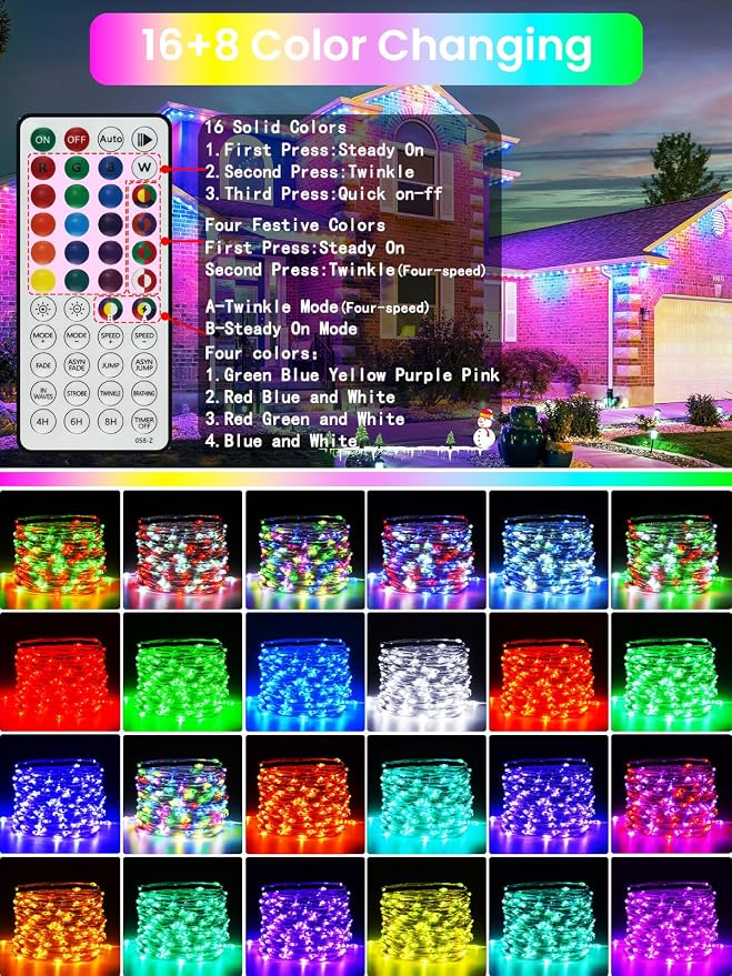 66Ft 200 LED RGB Color Changing 4th of July Fairy Lights Plug in, Waterproof String Lights with Remote for Outdoor Indoor, 24 Colors Twinkle Lights with Timer for Independence Day Patriotic Decoration