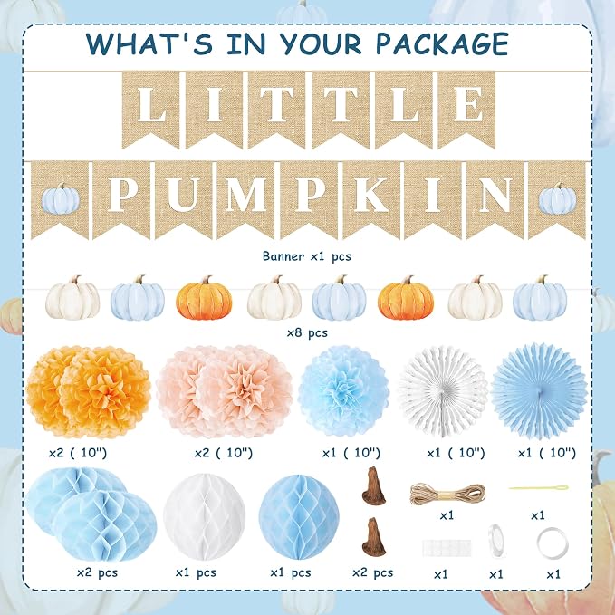 Kriyokiaa Little Pumpkin Baby Shower Decorations for Boy 14 Pcs Blue Fall Baby Shower Decorations with Little Pumpkin Banner, Tissue Pom-Poms, Paper Fan for It's a Boy Party