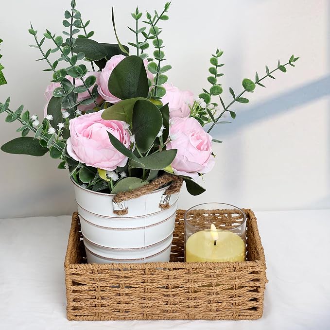 Artificial Flowers in Pot - 10 Inches Pre-Made Large Faux Silk Rose Floral Greenery Table Centerpieces with Rustic Tall Metal Vase for Farmhouse Home Decoration - Pink