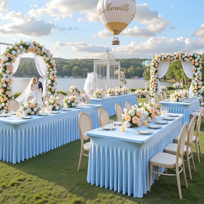 Suppromo 8ft Baby Blue Spandex Table Cloths for Rectangle Tables Wrinkle Free Rectangle Tablecloths, Stretch Fitted Table Cover with Skirt for Baby Shower Boy Birthday Party Wedding Banquet Buffet