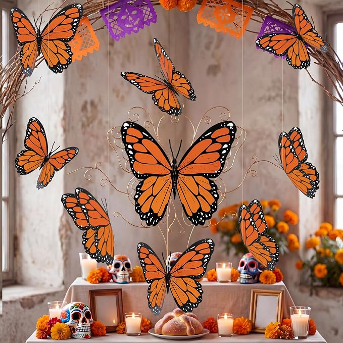 18 Pcs Large Monarch Butterfly Decorations 15.7'' 9.8'' 3D Fall Artificial Monarch Butterflies Wall Decal Decor Dia De Los Muertos Day of The Dead Decoration for Birthday School Classroom