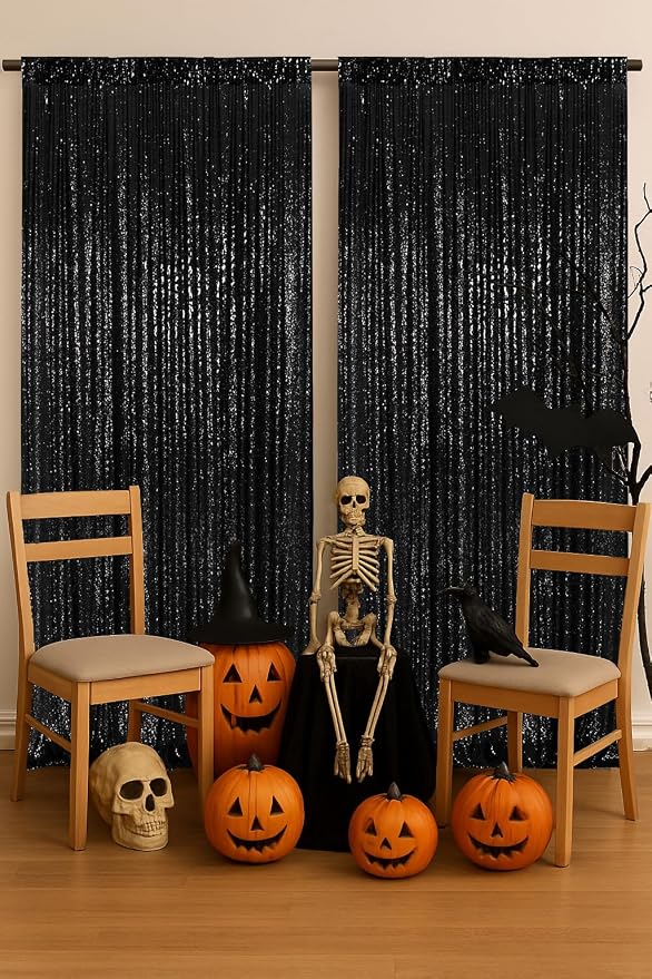 PartyDelight Black Sequin Backdrop Curtains 5x10ft 2 Panels | 3mm stitched sequin curtain with 4 inch rod pocket for 5x10ft wide reception wall head table stage backdrop and event display