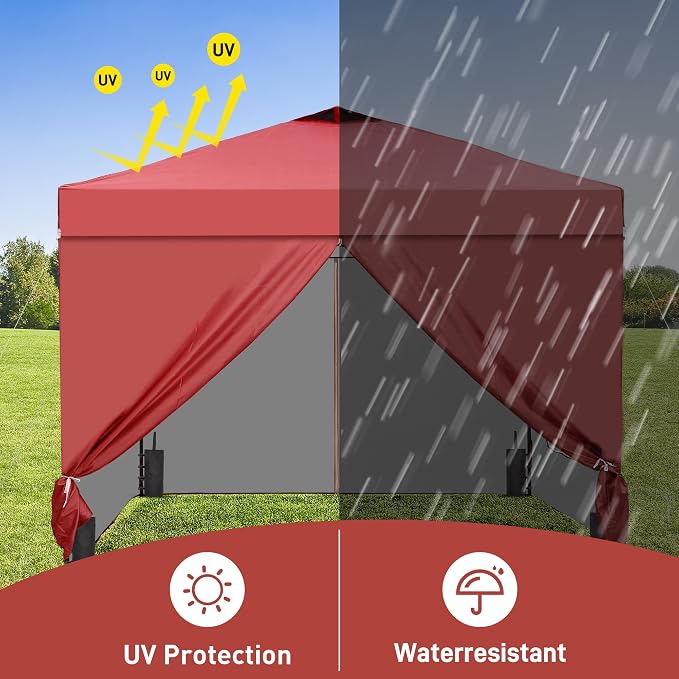 GDY 10x10 Pop Up Canopy Tent with 4 Sidewalls, Easy Set up, Outdoor Silver Coated Beach Gazebos, Carpas with 4 Sandbags, for Pool, Events, Parties, and Camping, Red.