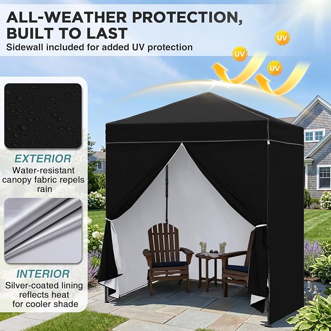 EAGLE PEAK 6x4 Instant Pop Up Canopy Tent with 4 Side Wall Panels, Straight Leg Sun Shelter, Portable Canopy with Carry Bag for Camping, Beach & Sports, Black