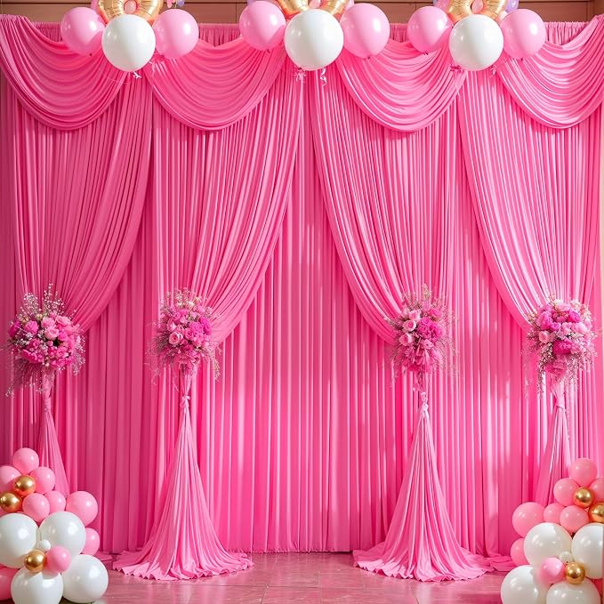 Hot Pink Backdrop Curtain 8 Panels-Wrinkle-Free Polyester Photography Drapes for Wedding Party Photo Background Decorations- 32 X10FT (Hot Pink)