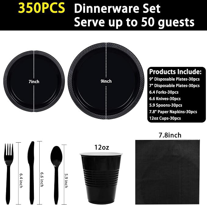 MirthMood 350PCS Black Disposable Plates,Black Plates,Plastic Party Supplies, Includes 50 Dinner Plates, 50 Salad Plates, 50 Silverware, 50 Napkins and 50 12OZ Cups for Wedding & Birthday & Party