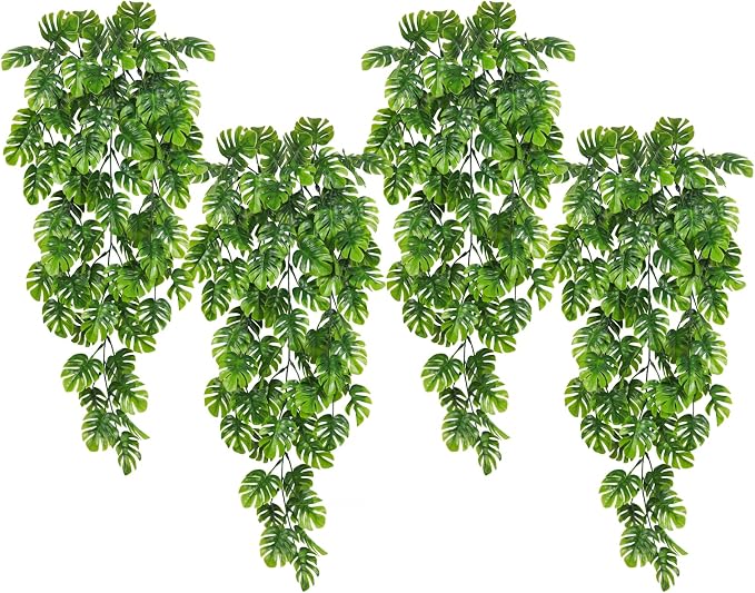 RECUTMS Artificial Hanging Plants 4Pcs, Fake Monstera Leaves Ivy Vine Faux Greenery UV Resistant Tropical Palm Leaf Swag Plant for Garden Home Jungle Hawaiian Luau Party Outdoor Indoor Spring Décor
