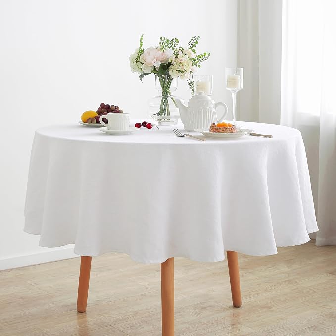 Linen World Linen Tablecloth,100% French Linen Round Tablecloth 70" Inch,Washable White Tablecloth for Dining,Outdoor,Weddings and Restaurants,Decorative Thanksgiving Christmas