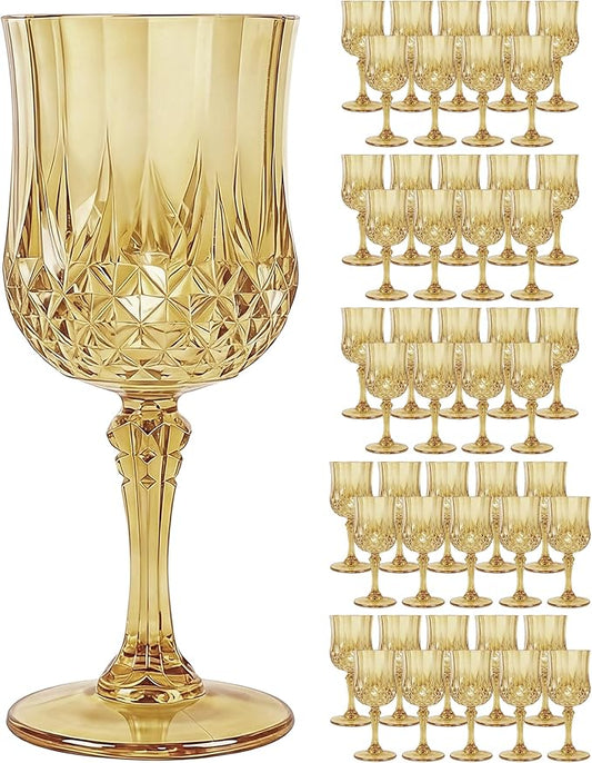 Plastic Wine Glasses Set, 7oz Vintage Goblets Shatterproof Unbreakable Reusable & Disposable, Drinking Glasses with Stem, for Wedding Outdoor Dinner Easter Party (48pcs, Gold)