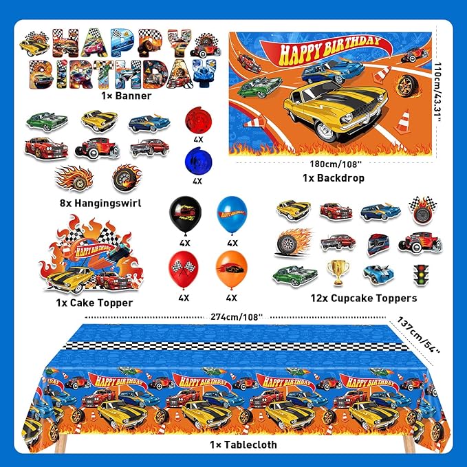 Race Car Birthday Decorations Party Decorations Set Include Race Car Balloons, Tablecloth, Backdrop, Cake Cupcake Toppers, Hanging Swirls, Banner Racing Car Party Supplies for Boys Birthday Decor