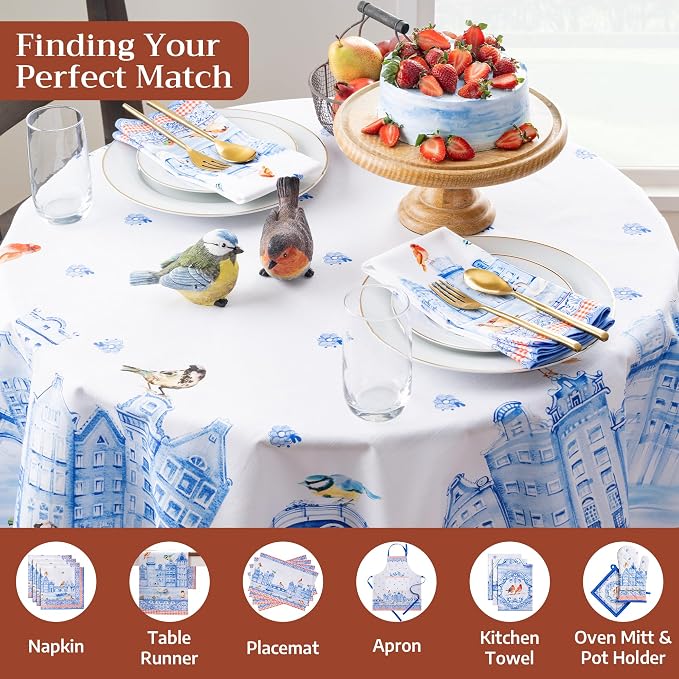 Maison d' Hermine Table Cloth Round Table 100% Cotton 63 Round Inches Tablecloth Reusable Decorative for Dining Kitchen Room Farmhouse Party Home Hotel Restaurant Spring Summer - Amsterdam Canals