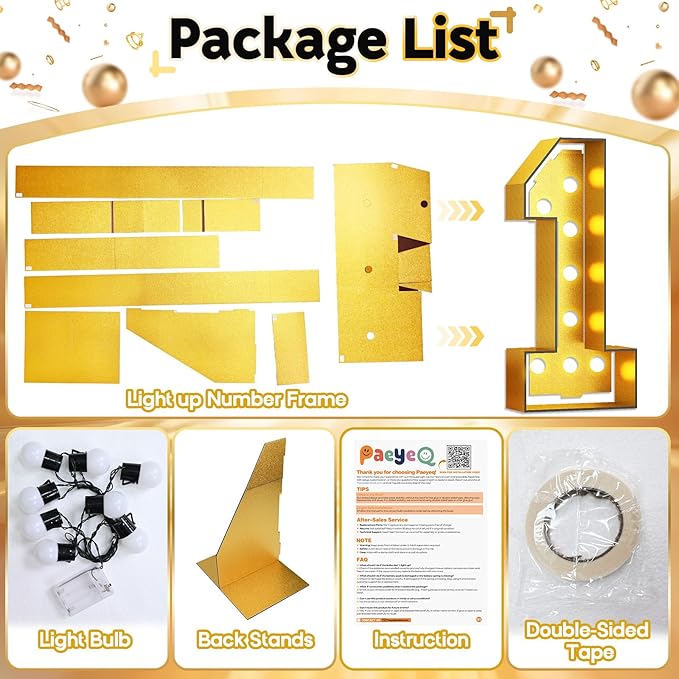 Light Up Number 16, Marquee Light Up Numbers 4FT Gold, Large Led Numbers Lights for Sweet 16th Birthday, 4 Feet Tall DIY Frame Pre-Cut Foam Board Kit for Night Light Party Anniversary Decorations