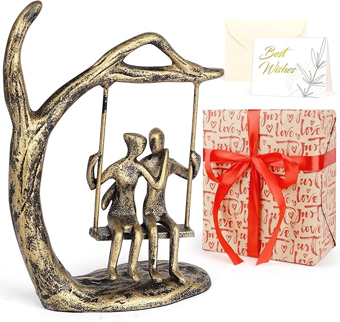 Kresecioo Anniversary Wedding Gifts for Couple/Her - Romantic Couple Statue in Love, Antique Gold Metal Figurine Sweet Loving Together Iron Sculpture Decor, Birthday Gifts for Wife Husband