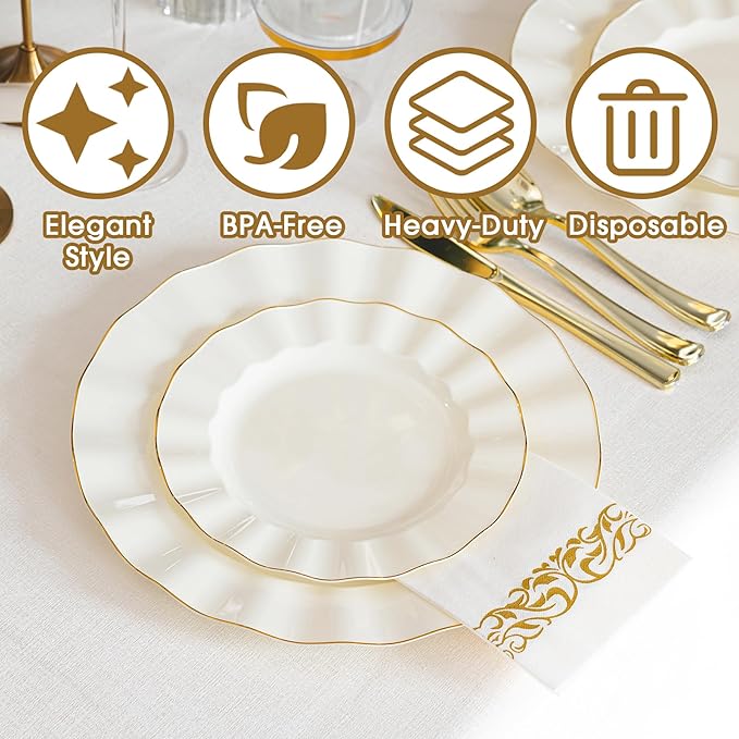 175PCS Gold and Ivory Plastic Dinnerware Set, Plastic Party Plates for 25 Guests, 50 Disposable Plates, 25 Heavy Duty Silverware, 25 Cups, 25 Napkins for Party and Wedding