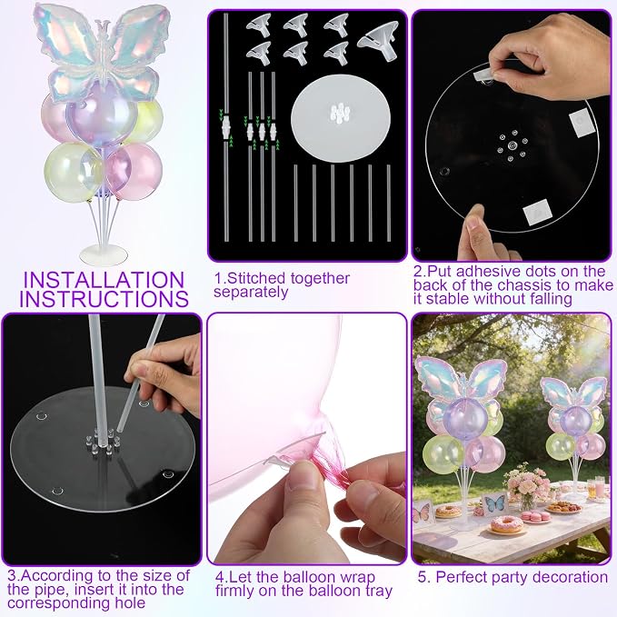 Iridescent Butterfly Party Balloons Stand Kit 2 Sets with Rainbow Holographic Clear Butterfly Foil Balloons Party Balloon Centerpiece for Table for Mermaid Rainbow Holiday Birthday Wedding Decorations