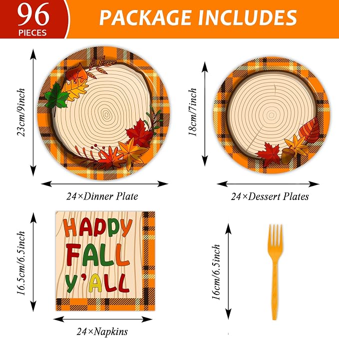 chiazllta 96 Pcs Thanksgiving Party Paper Plate and Napkins Fall Tableware Kit Disposable Plates Napkins Set Thanksgiving Plaid Decorations Paper Plates Napkins Forks for Party Favors 24 Guests