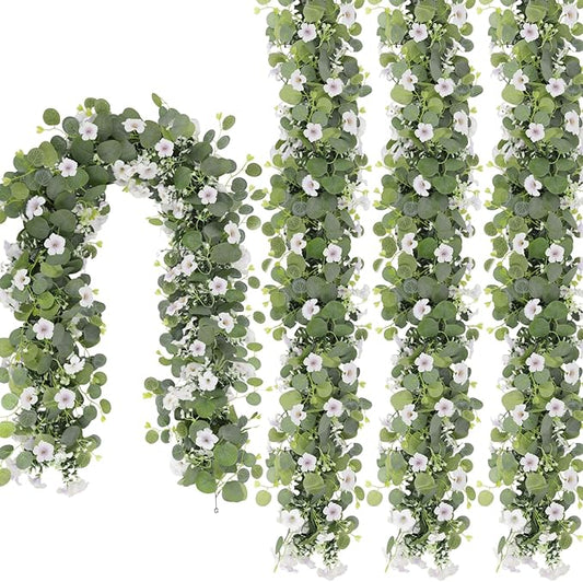 Artificial Eucalyptus Garland with Morning Glory Flowers, 4 Pack Faux Eucalyptus Leaves Greenery Garland Hanging Vines for Wedding Party Backdrop Mantle Table Arch Wall Decor, 6 FT Indoor Outdoor